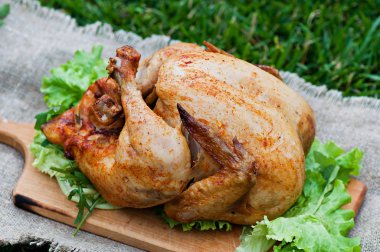 Fırında tavuk, yeşil çim zemin üzerine. Doğal ızgarada pişmiş gıda.