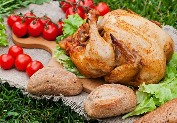 Fırında tavuk, yeşil çim zemin üzerine. Doğal ızgarada pişmiş gıda.