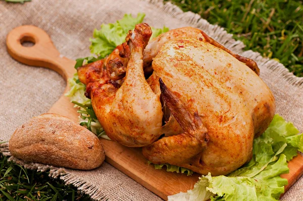 Fırında tavuk, yeşil çim zemin üzerine. Doğal ızgarada pişmiş gıda.