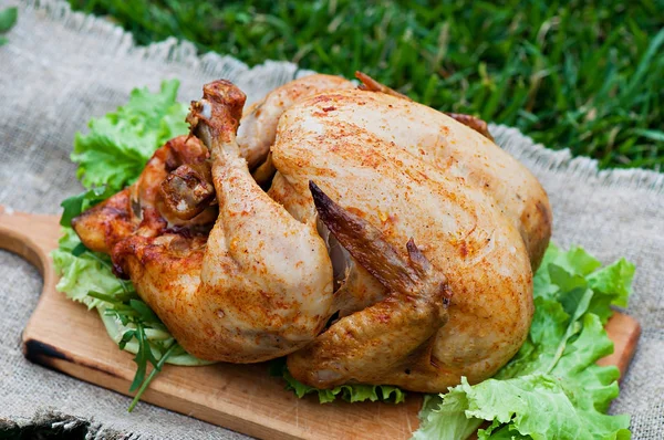 Fırında tavuk, yeşil çim zemin üzerine. Doğal ızgarada pişmiş gıda.