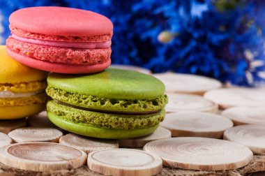 Mavi çiçekler bir arka planda macaroons kırmızı, yeşil ve sarı.