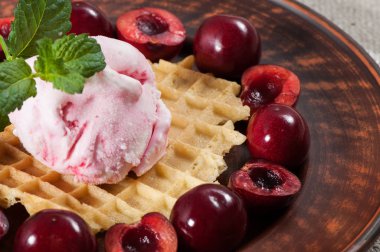 Tatlı bir waffle üzerinde kiraz ile dondurma, nane bir delikanlı ile dekore.