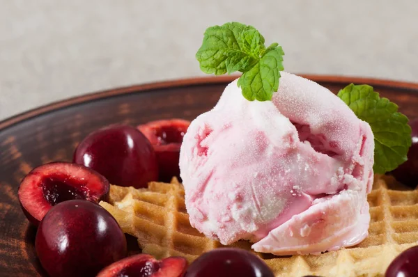 Sorvete Com Cerejas Waffle Doce Decorado Com Raminho Hortelã — Fotografia de Stock