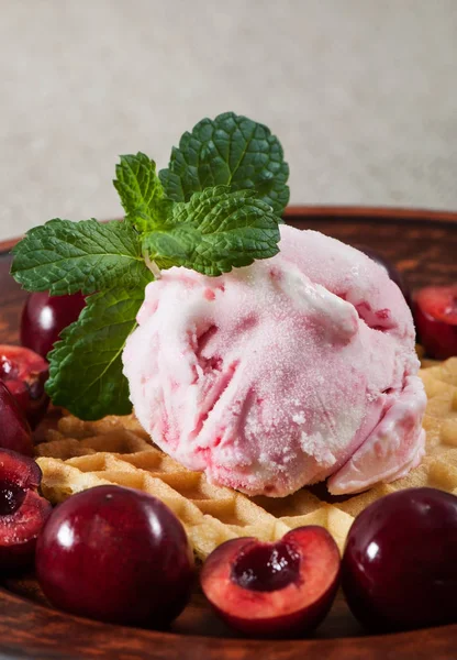 Ice Cream Cherries Sweet Waffle Decorated Sprig Mint — Stock Photo, Image