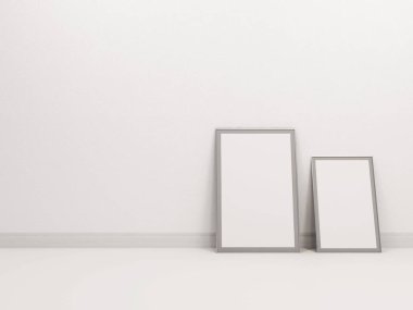Arka plan, 3d çizim üzerinde beyaz dokulu duvar ile ayakta iki boş fotoğraf çerçeveleri
