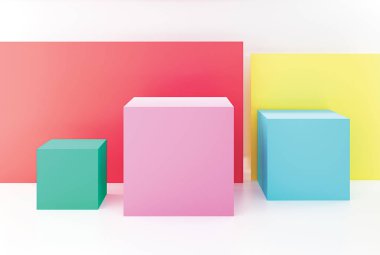 arka plan üzerinde kırmızı ve sarı ekranlar ile katta 3 dekoratif renkli küpler, yeşil, gül ve mavi, 3D render ayakta.