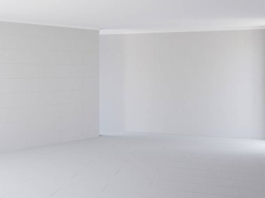 Köşe görünümü. Işık gri duvar ve beyaz zemin ile 3D render iç arka plan beyaz.