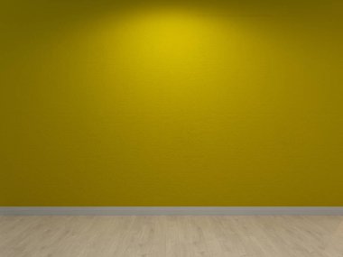 Işık yeşil duvar, iç arka plan. Xanthous beton sıva ve hafif ahşap zemin. 3D çizim.