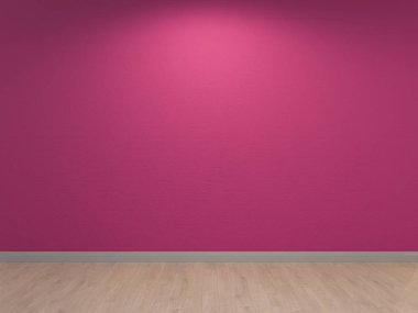 Pembe duvar, iç arka plan. Pembe beton sıva ve hafif ahşap zemin. 3D çizim.