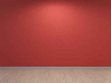 Kırmızı duvar, iç arka plan. Beton sıva ve hafif ahşap zemin. 3D çizim.
