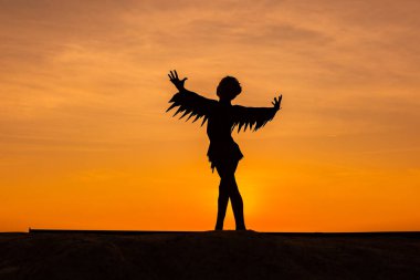 Gün batımı ya da gündoğumu arkaplan ve kopyalama alanı olan kız dansçı silueti. 