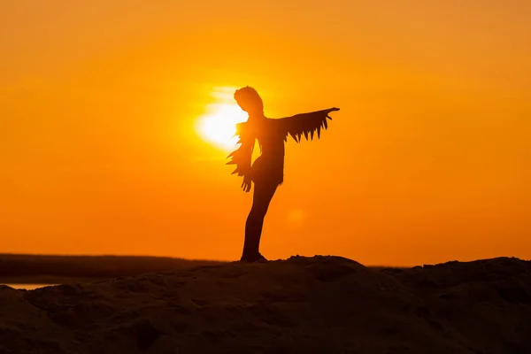 Gün batımı ya da gündoğumu arkaplan ve kopyalama alanı olan kız dansçı silueti. 