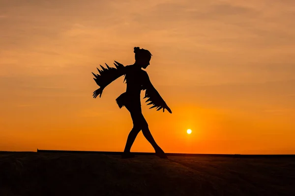 Gün batımı ya da gündoğumu arkaplan ve kopyalama alanı olan kız dansçı silueti. 