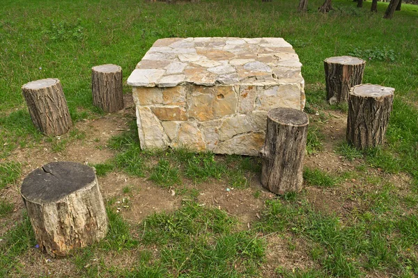 Stone table and wooden log as chairs in park — Stock Photo, Image