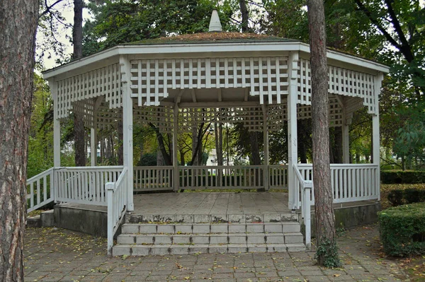 공원에서 휴식을 취할 수있는 테이블과 벤치가있는 나무 오픈 오두막 — 스톡 사진
