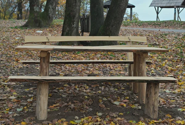 Picknickplaats met houten banken en tafel in het midden van het bos — Stockfoto