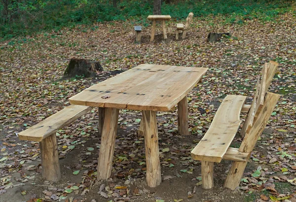 Área de picnic con bancos de madera y mesa en medio del bosque — Foto de Stock