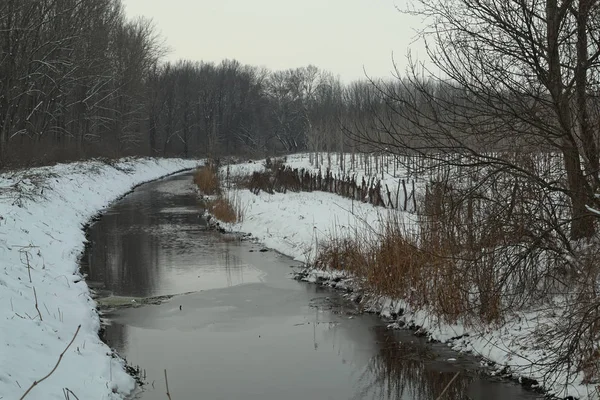 Paisagem de inverno com canal congelado e neve ao redor — Fotografia de Stock