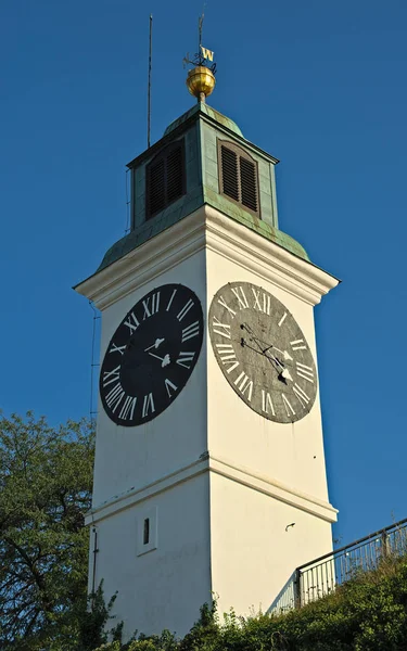 Torre do relógio com pequeno campanário no topo em Novi Sad, Sérvia — Fotografia de Stock