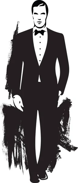 タキシードのポーズでエレガントなファッションの若い男性の図面 — ストックベクタ