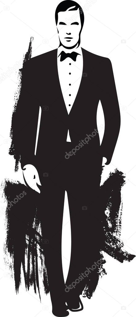 Drawing of elegant young fashion man in tuxedo posing