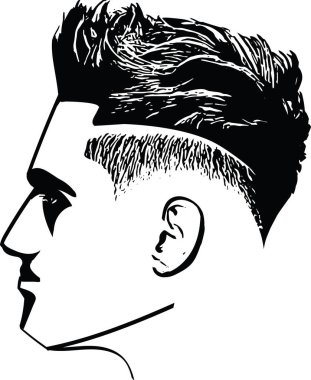 Sakallı adam, saç tıraşlı bir hippiyle karşı karşıya. Berber dükkanı ve logo şablonu için erkek modası. Vektör İllüstrasyonu