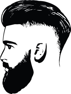 Sakallı adam, saç tıraşlı bir hippiyle karşı karşıya. Berber dükkanı ve logo şablonu için erkek modası. Vektör İllüstrasyonu