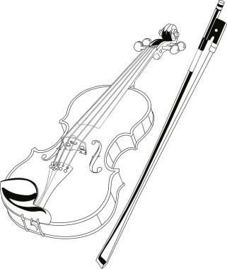 Geleneksel bir keman çizimi, klasik müzik, performans ve orkestra teması için ideal bir yayla kesişir..