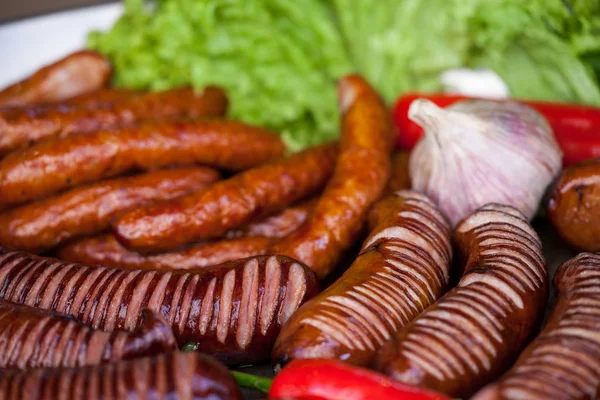 Grilled Fruit Vegetable Delicious Grilled Sausages Fine Food Fair — Stock Photo, Image