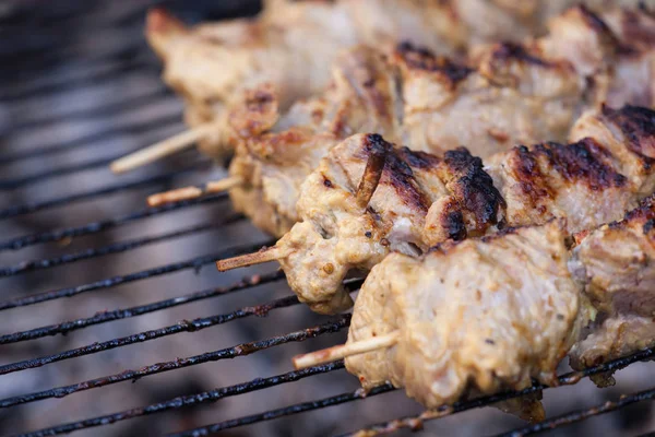 Metal Şiş Izgara Üzerinde Kebap Açık Havada Mangal Kömürü Üzerinde — Stok fotoğraf