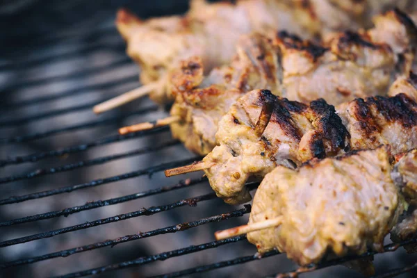 Metal Şiş Izgara Üzerinde Kebap Açık Havada Mangal Kömürü Üzerinde — Stok fotoğraf