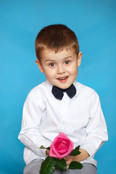 Cute Little Boy Holds Flower His Hand Concept Holidays Greetings — Stock Photo, Image