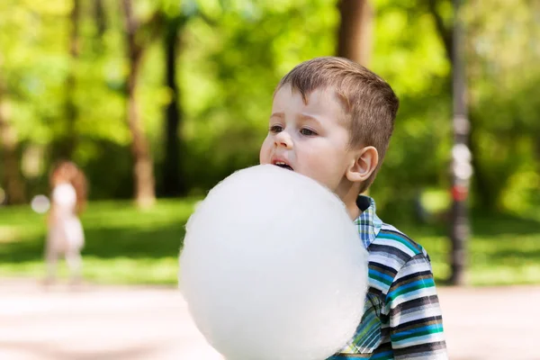 Adorable Little Boy Eating White Sweet Cotton Candy Happy Child — Stock Photo, Image