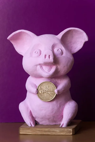 Pink Pig holding gold coin. Pig with dollar