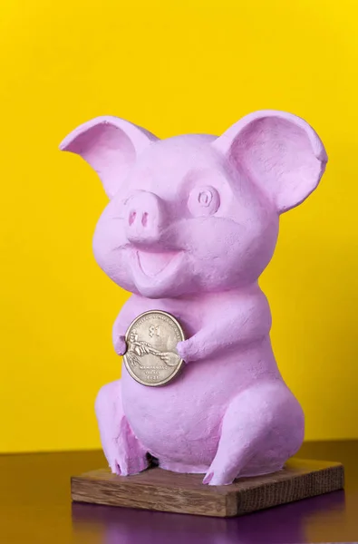 Pink Pig holding gold coin. Pig with dollar