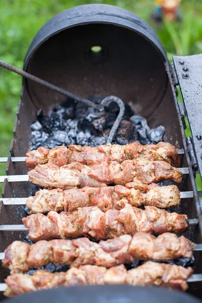 Churrasco carne de porco fresca cortar fatias. Espetos de carne de porco ao ar livre . — Fotografia de Stock