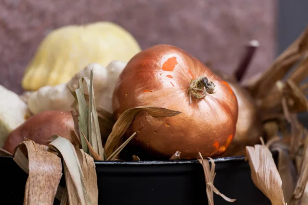 Stylish Halloween decorations. Shiny Decorative Pumpkins. Pile of random sized gold and white pumpkins