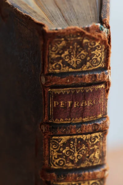 Petrarca Viejo Lomo Libro Cuero Detalle Columna Vertebral Primer Plano — Foto de Stock