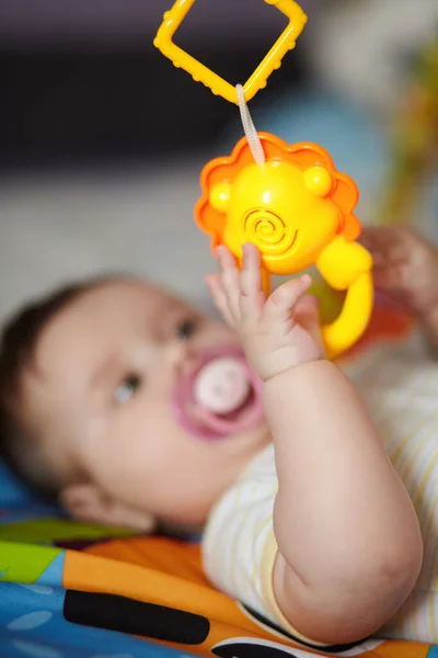 Month Old Baby Girl Playing Toys Girl Pulling Hand Toy — Stock Photo, Image