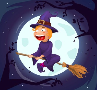 vektör illüstrasyon cadılar bayramı, süpürge üzerinde cadı, kutlama karakteri, süpürge üzerinde uçan. Korkunç illüstrasyon, gece ve ay. Poster, afiş, el ilanı.