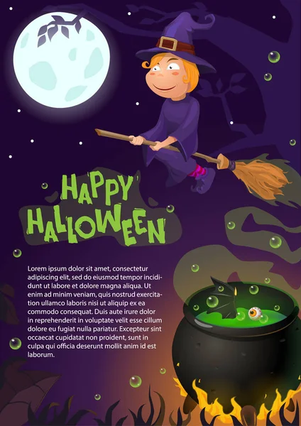 Ilustración vectorial halloween, bruja en escoba, carácter celebratorio, vuelo en escoba. Ilustración aterradora, noche y luna. Póster, pancarta, volante . — Vector de stock