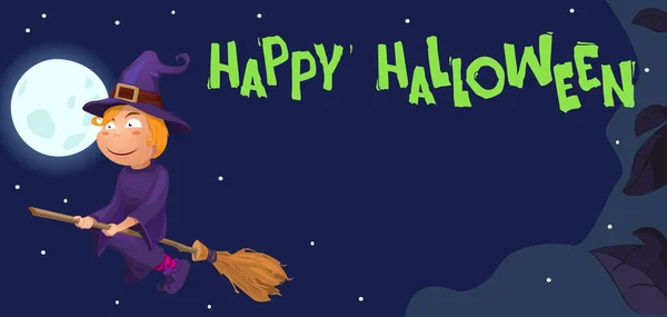 Ilustración vectorial halloween, bruja en escoba, carácter celebratorio, vuelo en escoba. Ilustración aterradora, noche y luna. Póster, pancarta, volante . — Vector de stock