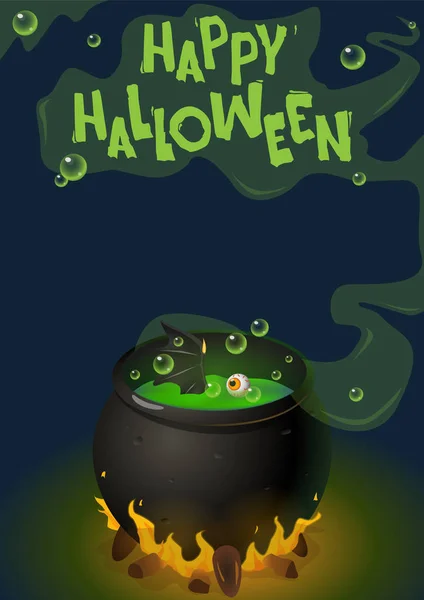 Vector ilustración Halloween, Bruja gato, poción, sopa. Cartel, banner web. Feliz Halloween, humo verde . — Vector de stock