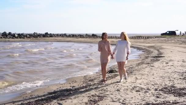 两个女孩牵着手沿着海岸线走 笑着笑着 — 图库视频影像