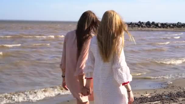 Twee Meisjes Glimlachen Lachen Hand Hand Wandelen Langs Kust — Stockvideo