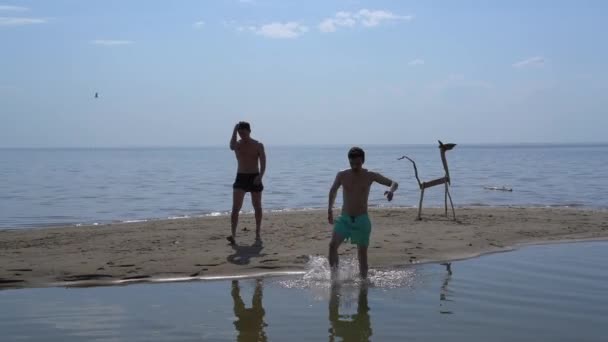 Twee Jonge Mannen Stap Het Water Uit Het Zand Eiland — Stockvideo