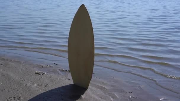 Ponte Skimboard Bloccato Nella Sabbia Sulla Spiaggia Primo Piano — Video Stock