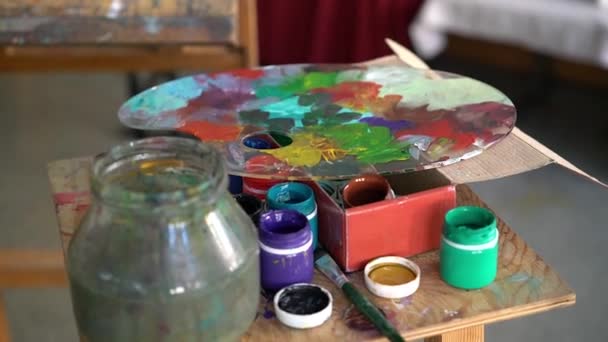 Peintures Brosses Une Palette Sont Sur Table Close — Video
