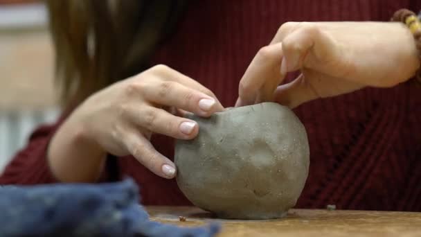 Girl Sculpts Mug Clay Close — Stock Video