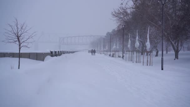 Embarque Cidade Inverno Com Pessoas Caminhando Sob Forte Queda Neve — Vídeo de Stock